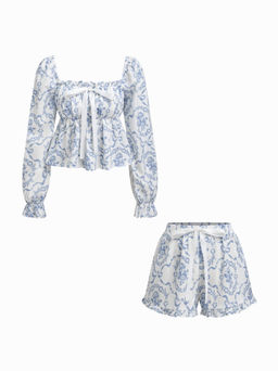 Cider - Square Neck Floral Bowknot Ruffle Hem Top & Mid Rise Lettuce Trim Shorts Loungewear Set