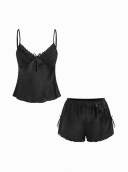 Cider - Satin V-neck Backless Bowknot Cami Top & Low Rise Lace Trim Shorts Loungewear Set