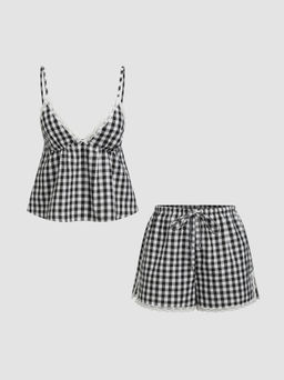 Cider - Cotton-blend V-neck Lace Trim Cami Top & Mid Rise Gingham Shorts Loungewear Set