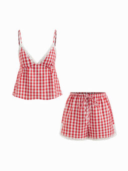 Cider - Cotton-blend V-neck Lace Trim Cami Top & Mid Rise Gingham Shorts Loungewear Set