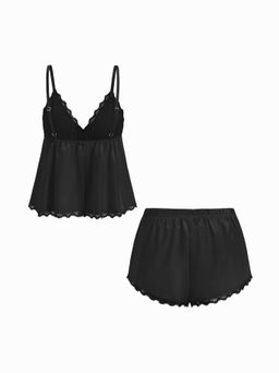 Cider - Lace V-neck Knotted Cami Top & Satin Mid Rise Lace Trim Shorts Loungewear Set