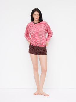 Cider - Round Neckline Stripe Long Sleeve Top & Low Rise Patchy Shorts Loungewear Set
