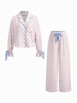 Cider - Cotton Bowknot Knotted Top & Mid Rise Straight Leg Trousers Loungewear Set