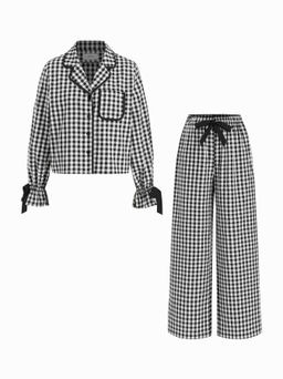 Cider - Cotton Bowknot Knotted Top & Mid Rise Straight Leg Trousers Loungewear Set