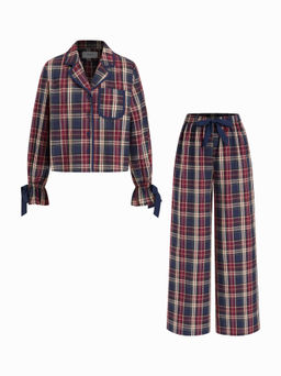 Cider - Cotton Bowknot Knotted Top & Mid Rise Straight Leg Trousers Loungewear Set