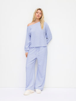 Cider - Cotton-blend Asymmetrical Neck Striped Oversized Top & Trousers Loungewear Set