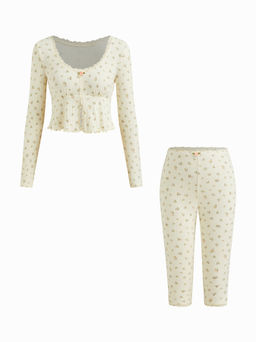 Cider - 100% Cotton Floral Lace Lettuce Trim Crop Top & Low Rise Leggings Loungewear Set