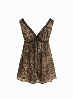 Cider - V-neck Leopard Drawstring Lace Trim Nightdress