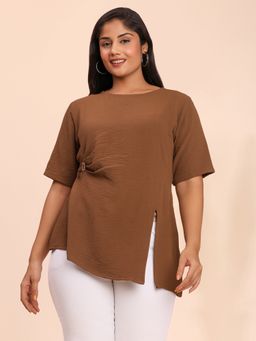 Curvy Lane - Brown Asymmetric Casual Women Top