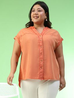 Oxolloxo - Women Plus Size Solid Orange Mandarin Neck Short Sleeve Button Down Cotton Top