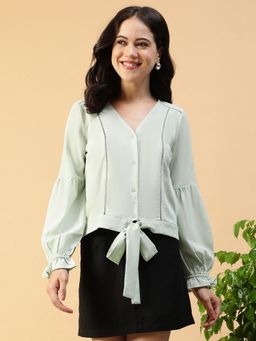Oxolloxo - Women Solid Light Green V- Neck Long Poet Sleeve Button Down Top