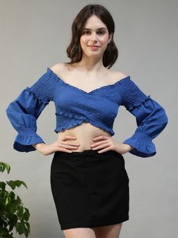 Oxolloxo - Women Solid Blue Long Poet Sleeve Off Shoulder Smocked Crop Top