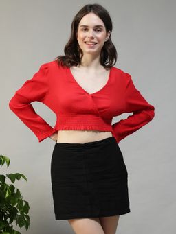 Oxolloxo - Women Solid Red V-Neck Long Sleeve Cotton Crepe Crop Top