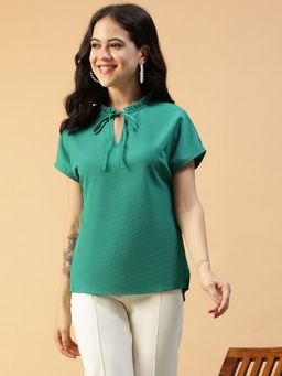 Oxolloxo - Women Solid Green Round Neck with Tie-Up Detail Short Sleeve Top