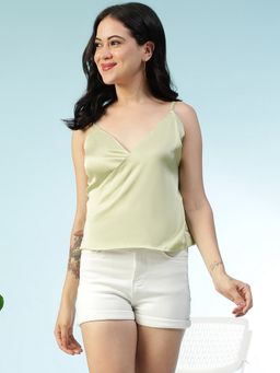 Oxolloxo - Women Solid Light Green V-Neck Satin Sleeveless Partywear Shoulder Straps Top