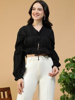 Oxolloxo - Women Solid Black V-Neck Long Sleeve Dobby Crop Top