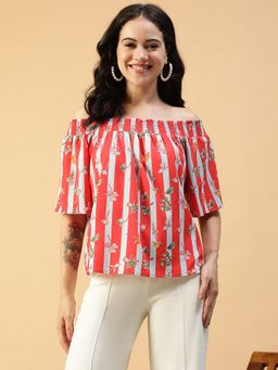 Oxolloxo - Women Red Stripe and Floral Digital Print Off-Shoulder Short Sleeves Top