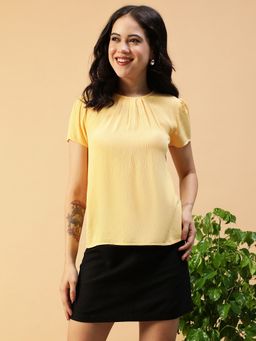 Oxolloxo - Women Solid Yellow Round Neck Short Sleeve Rayon Crepe Top