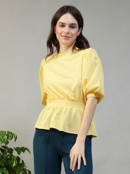 Oxolloxo - Women Solid Yellow Round Neck Puff Sleeve Smocked Detail Peplum Top
