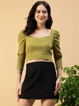 Oxolloxo - Women Solid Green Sweetheart Neck Crop Puff Sleeves and Back Smocking Detail Top