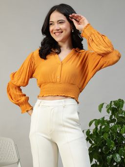 Oxolloxo - Women Solid Yellow Collared Button Down Long Sleeve Smocked Rayon Crepe Crop Top