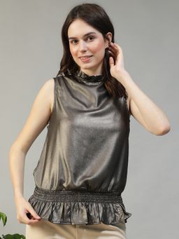 Oxolloxo - Women Solid Black Round High Neck Foil Print Smocked Partywear Peplum Top