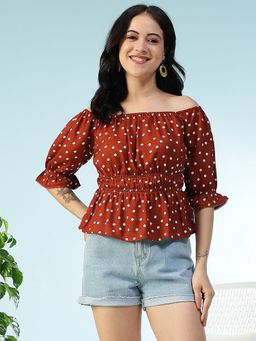 Oxolloxo - Women Brown Polka Dot Off-Shoulder Peplum Smocking Detail Top