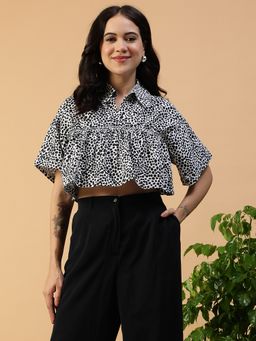 Oxolloxo - Women Black Animal Print Collared Short Sleeve Cotton Poplin Crop Top