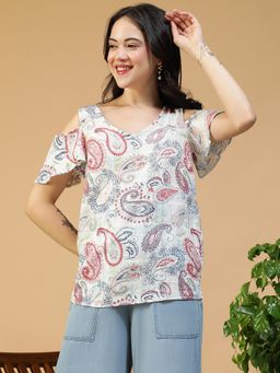 Oxolloxo - Women Multicolor Paisley Printed V-Neck Short Sleeve Yarn-Dyed Dobby Cotton Top