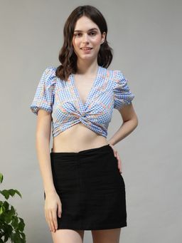 Oxolloxo - Women Blue Floral Print V-Neck Short Sleeve Cotton Twill Lycra Crop Top