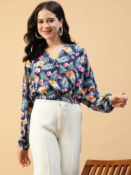 Oxolloxo - Women Blue Floral Print V-Neck Long Sleeve Elasticated Crop Top