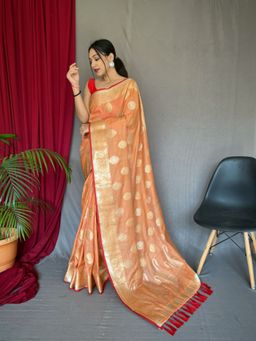 EXCLUSIVA - Orange Woven Cotton Linen Saree with Unstitched Blouse