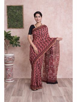 KISHORI - Javta Print Geometric Pattern Chanderi Silk Saree with Unstitched Blouse - Rust