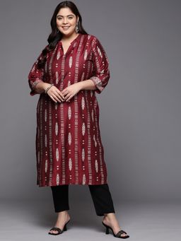 Extra love by Libas - Plus Size Women Maroon Printed Silk Straight Kurtas for Women