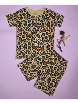 Be Awara - Half Sleeves Cotton T-shirt & Shorts Butterfly Print Golden (Set of 2)
