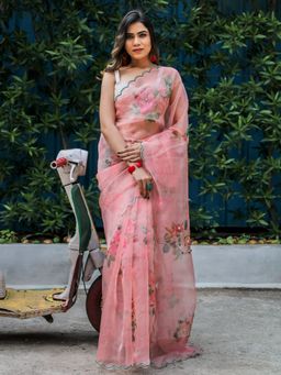 Odette - Peach Organza Floral Printed Saree with Unstitched Blouse