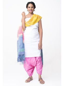 Unnati Silks - Unstitched White Pure Chettinad Cotton Salwar Kameez (Set of 3)