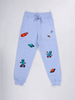 KiddoPanti - Boys Printed Fleece Joggers with Multi Badge