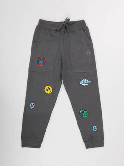 KiddoPanti - Boys Printed Fleece Joggers with Multi Badge