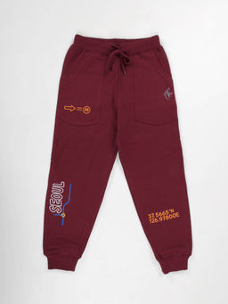 KiddoPanti - Boys Maroon Seoul-Themed Fleece Joggers