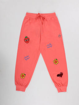 KiddoPanti - Girls Cotton Printed Joggers with Multi Badge
