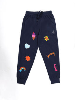 KiddoPanti - Girls Cotton Printed Joggers with Multi Badge