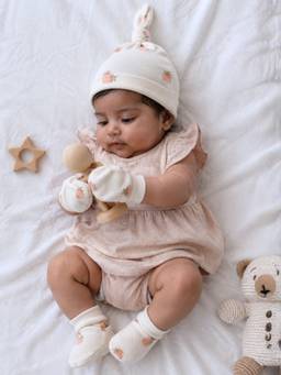 Cocoon Care - Bamboo beige Cotton Solid Cap, Mittens and Socks (0-3 Months)