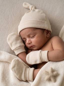 Cocoon Care - Bamboo beige Cotton Solid Cap, Mittens and Socks (0-3 Months)