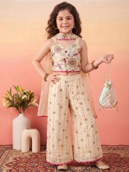 FASHION DREAM - Girls Chickoo Floral Embroidered Crop Top Palazzo With Dupatta