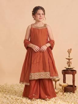 FASHION DREAM - Girls Rust Embroidered Kurta Palazzo With Dupatta