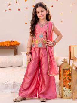 FASHION DREAM - Girls Pink Floral Embroidery Top Palazzo With Dupatta