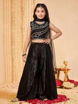 FASHION DREAM - Girls Black Silk Blend Sequin Embroidered Crop Top Palazzo with Dupatta