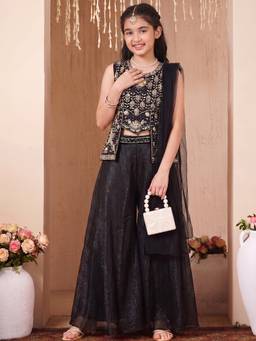 FASHION DREAM - Girls Black Cut Dana Sequin Work Top Palazzo with Dupatta