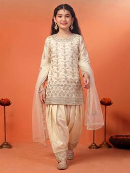FASHION DREAM - Girls Chikoo Embroidered Kurta Salwar with Dupatta